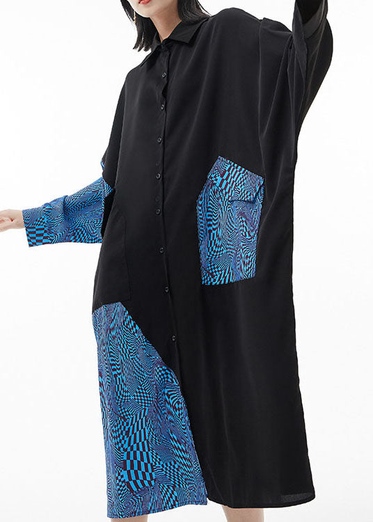 Blue Peter Pan Collar Batwing Sleeve Patchwork Silk Shirt Dresses