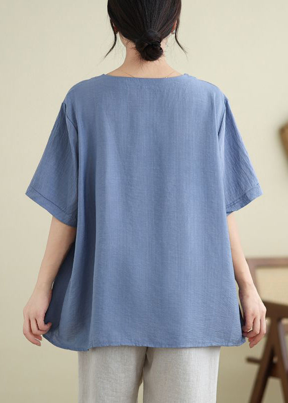 Blue O-neck Print Ice Silk T Shirt Summer