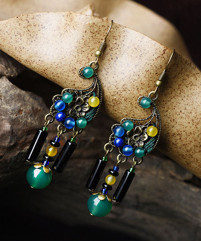 Peacock Green Agate Metal Drop Earrings