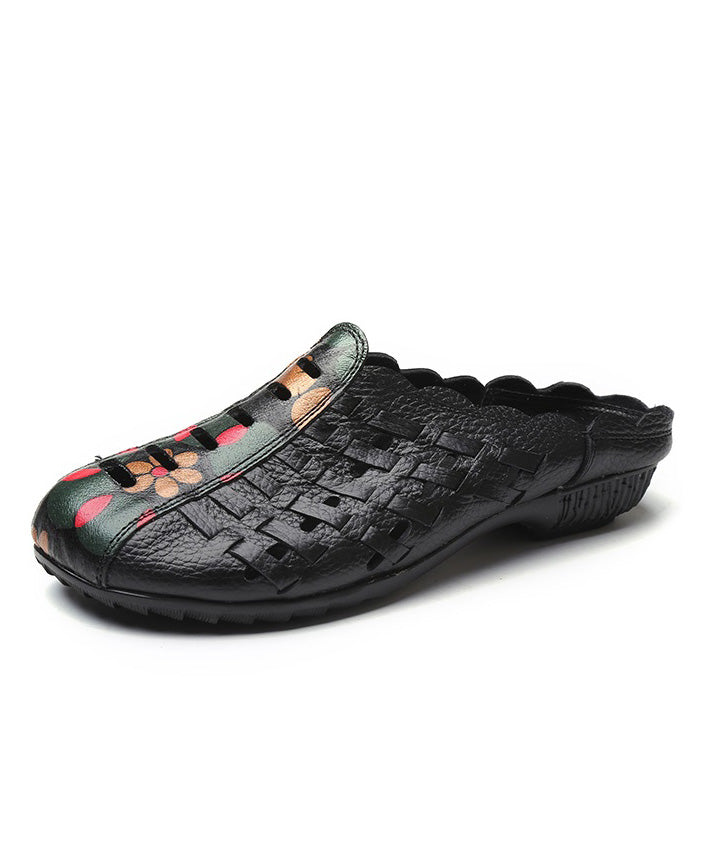 Black Hollow Out Splicing Low Heel Cowhide Leather Slide Sandals