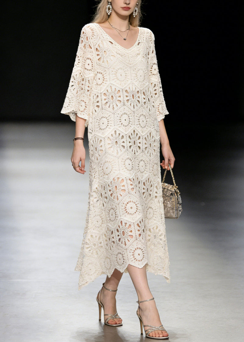 New Apricot V Neck Hollow Out Knit Long Dress Summer