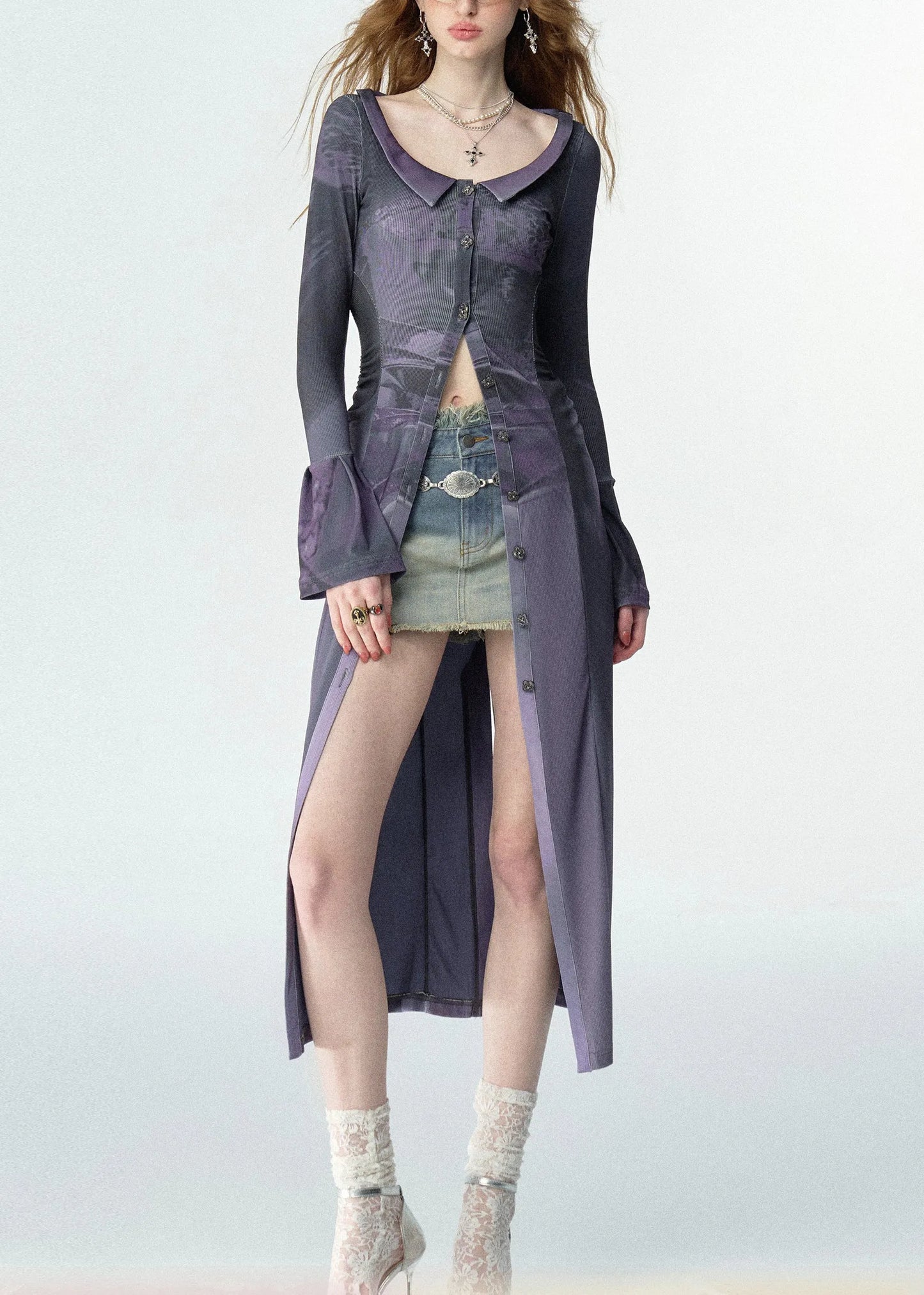 Slim Fit Purple Peter Pan Collar Print Button Maxi Shirts Fall