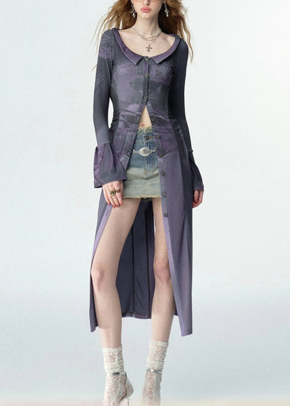 Slim Fit Purple Peter Pan Collar Print Button Maxi Shirts Fall