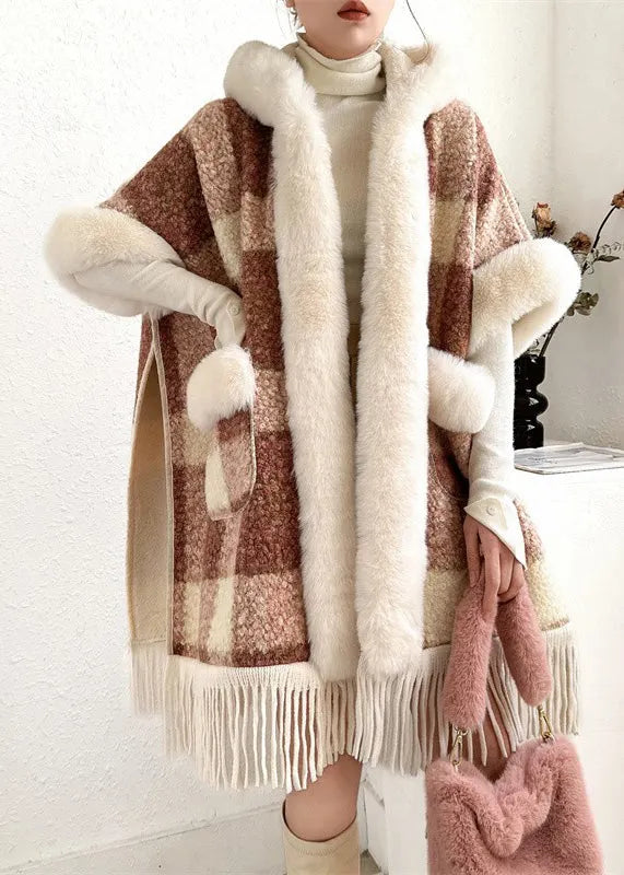 Orange Fur Collar Tasseled Warm Fleece Cape Coats Half Sleeve