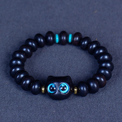 Buddha Stones Ebony Wood Liuli Glass Cat Peace Balance Bracelet