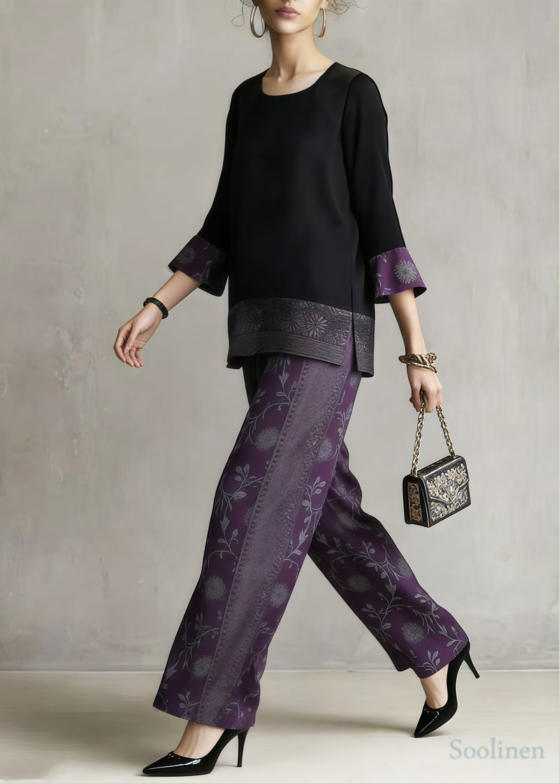 Boutique Purple Jacquard Patchwork Silk Two Pieces Set Summer