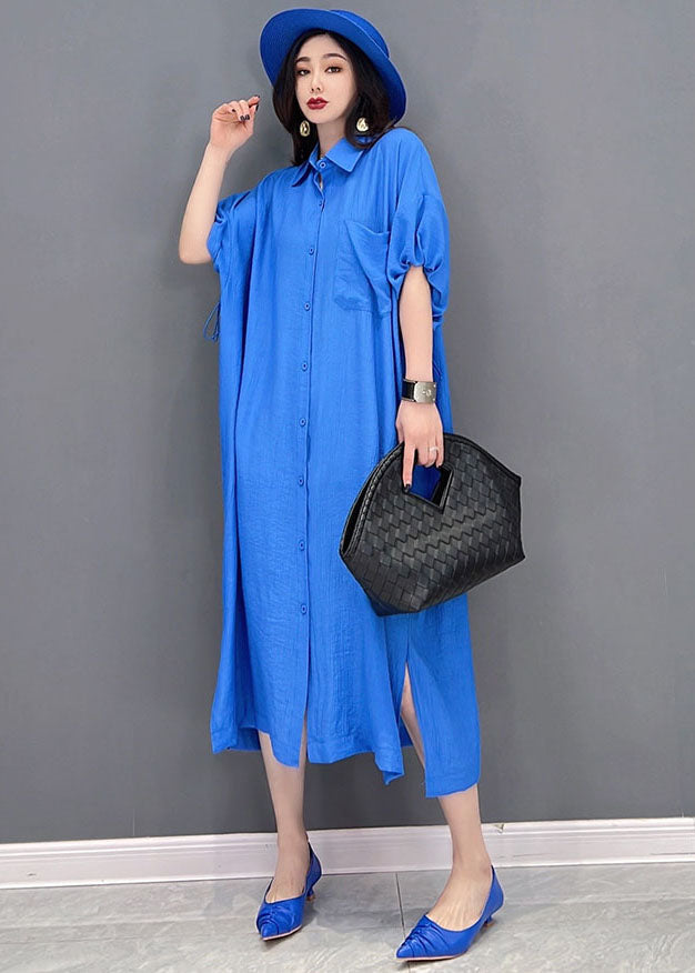 Baggy Blue Peter Pan Collar Oversized Cotton and Linen Shirt Dress Short Sleeve