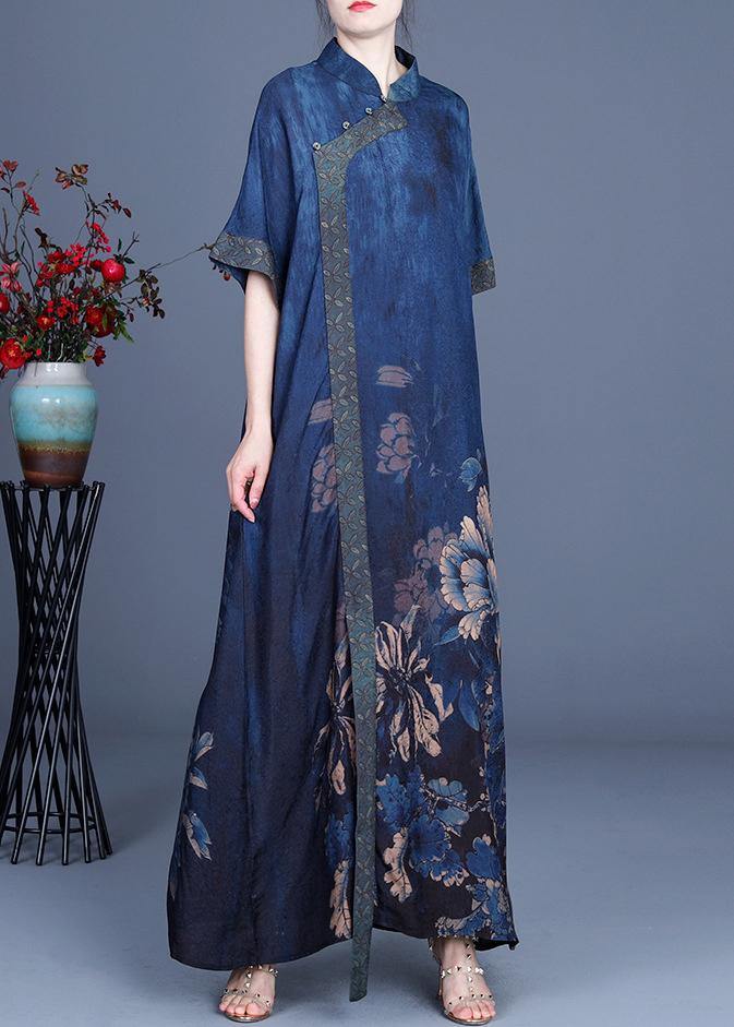 Classy Blue Print Patchwork Oriental Long Dress Summer