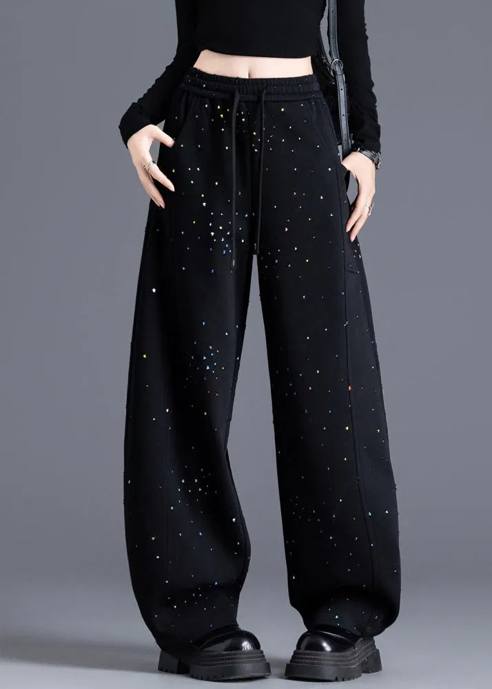 Black Pockets Print Elastic Waist Denim Pants Spring