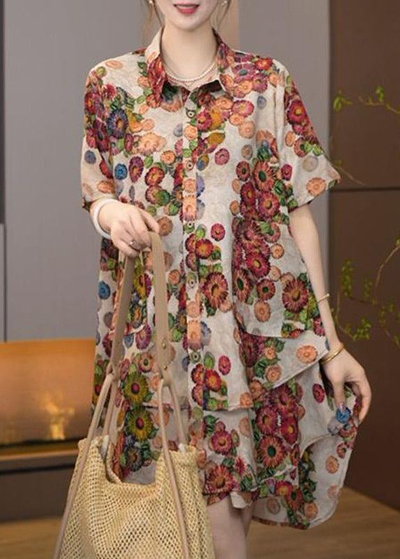 Khaki Oversized Print Cotton Two Pieces Set Summer