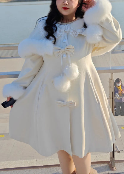 Boutique Beige Bow Cape and Long Coats Woolen Two Pieces Set Winter
