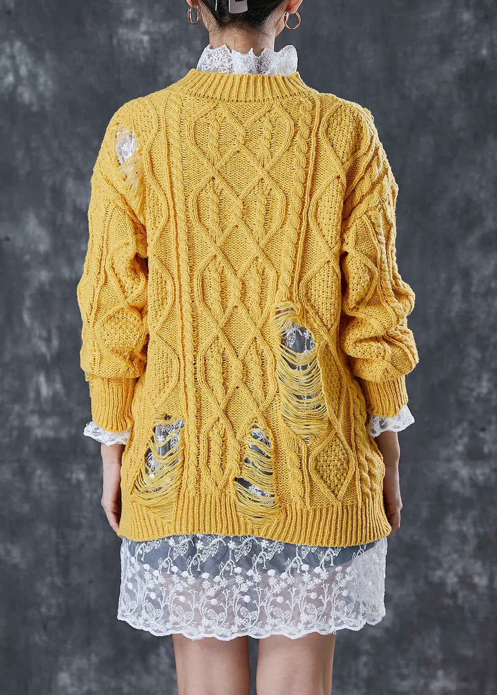 Modern Yellow Thick Knit Ripped Sweater and Lace Dress Two Pieces Set Winter