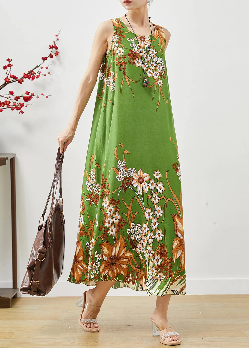 Green Print Cotton a Line Dresses Oversized Sleeveless