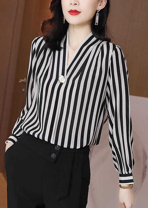 Black V Neck Striped Patchwork Silk Shirt Tops Spring