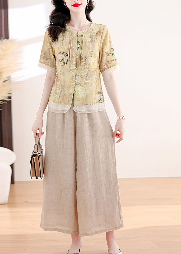 Yellow O Neck Print Linen Two Piece Suit Set Summer