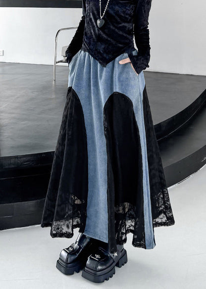 Original Design Black Drawstring Pockets Lace Patchwork Denim Skirts Fall