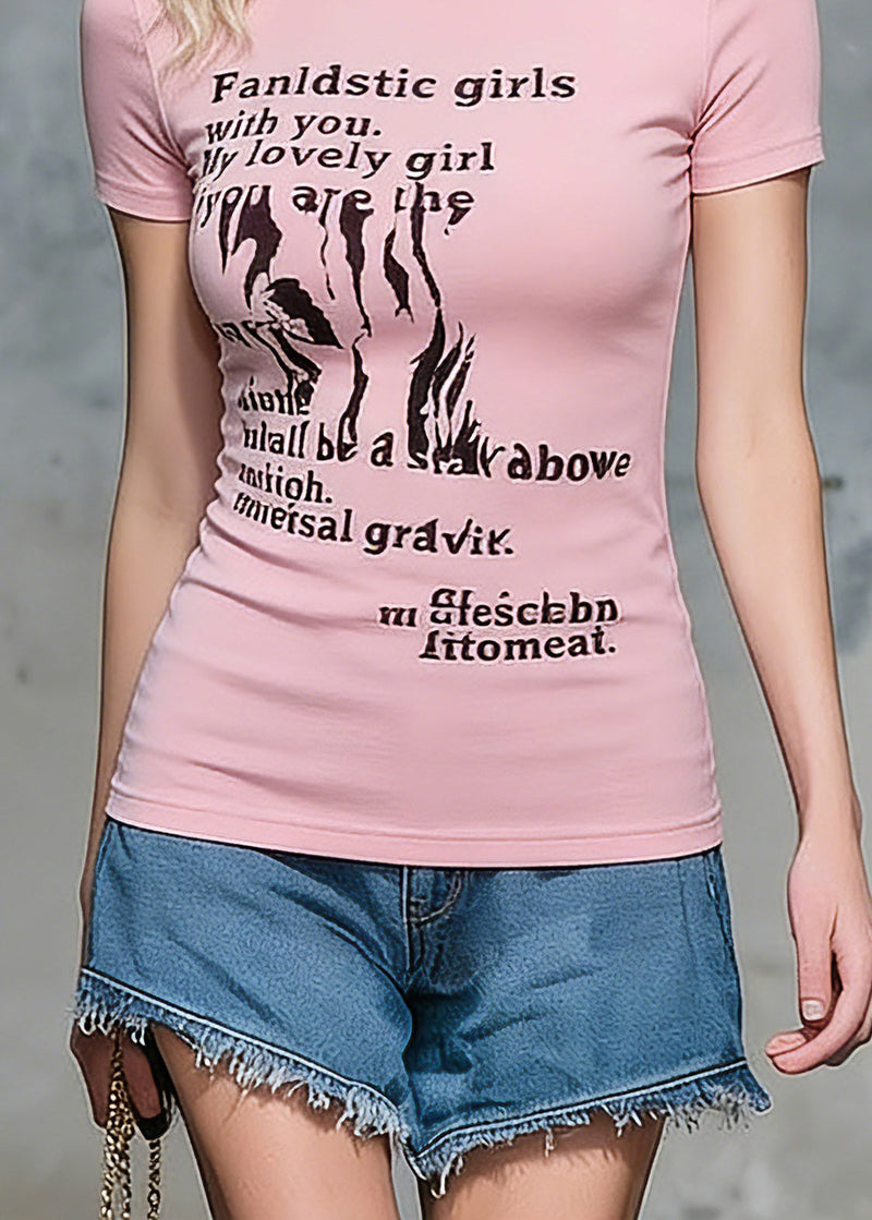 Handmade Pink O-neck Print Top Short Sleeve