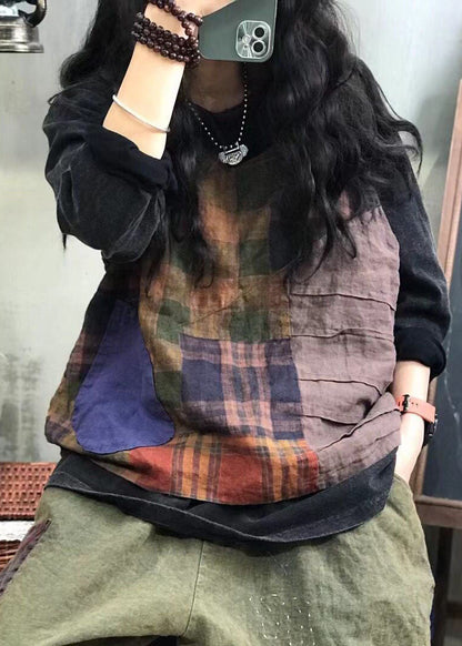Chinese Style Red Pockets Side Open Patchwork Plaid Linen Vest Spring