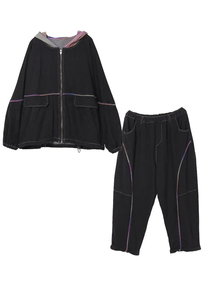 Loose Hooded Zippered Fall Two Pieces Set