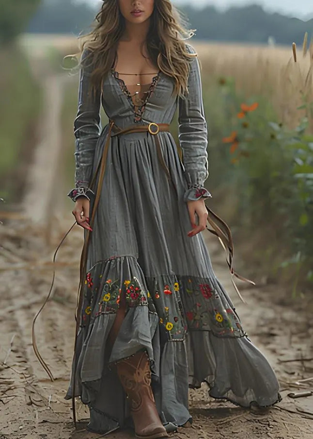 Print Wrinkled Patchwork Cotton Long Dresses Spring