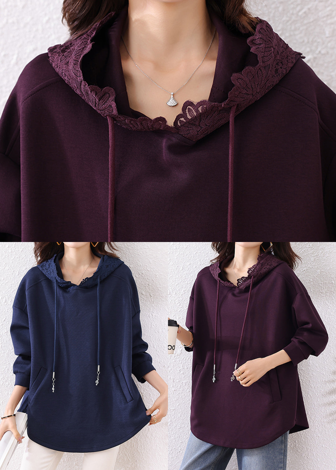 Purple Hooded Cotton Loose Sweatshirts Top Fall