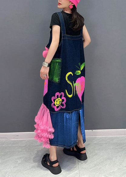 Modern Dark Blue Patchwork Pink Tulle Patchwork Maxi Dresses Sleeveless