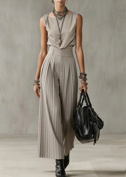 Fine Beige Silm Fit Wrinkled Cotton Two Piece Suit Set Sleeveless