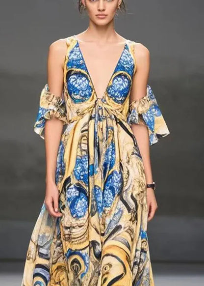 Yellow Cold Shoulder Print Chiffon Dress Summer