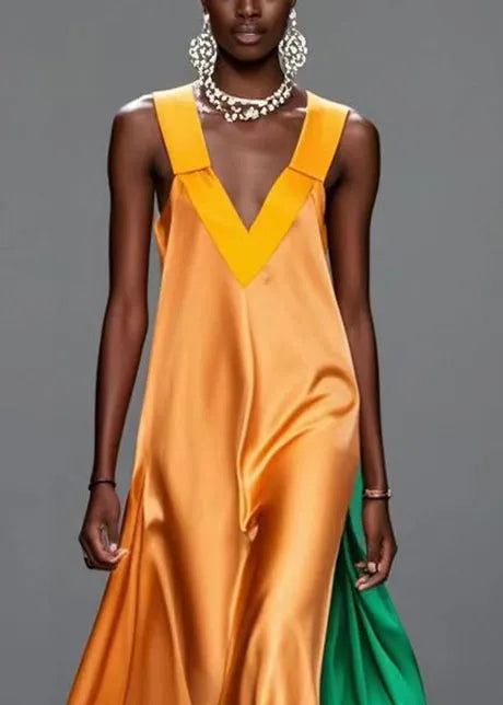 Yellow V Neck Patchwork Silk Summer Dress Sleeveless
