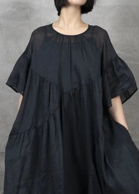 Black Wrinkled Patchwork Maxi Dress Short Sleeve