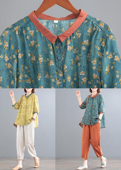 Classy Blue Tops and Orange Pants Linen Two Pieces Set Summer