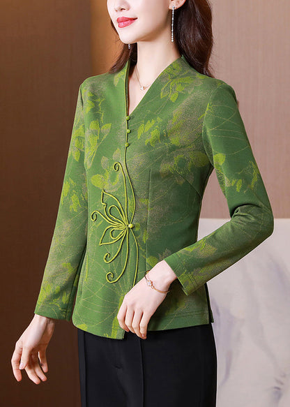 Green V Neck Patchwork Slim Fit Silk Tops Spring