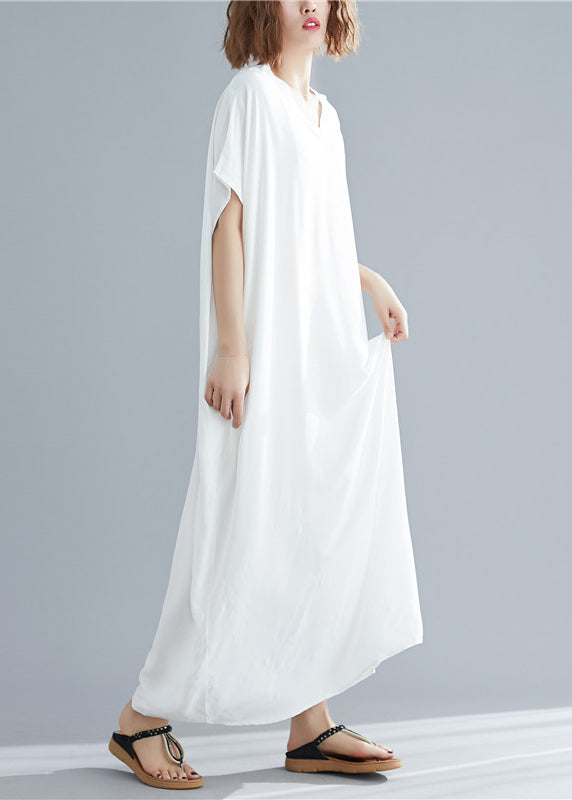 Simple White V Neck Cotton Beach Long Dress Short Sleeve