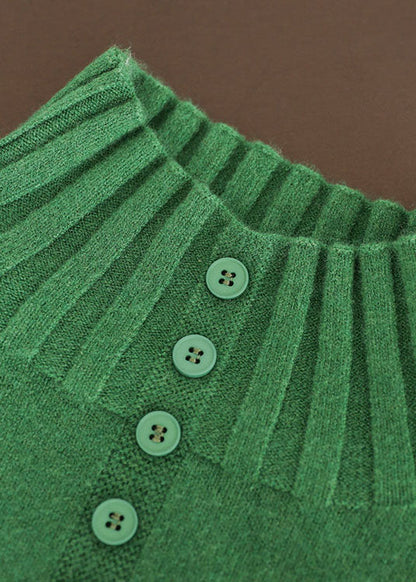 Green Thick Knitted Sweaters Button Print Long Sleeve