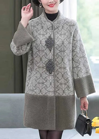 Grey Stand Collar Print Patchwork Mink Velvet Coats Spring