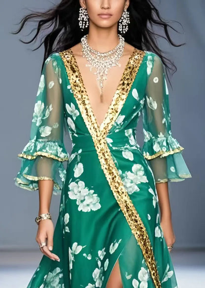 Green V Neck Print Chiffon Holiday Dress Flare Sleeve