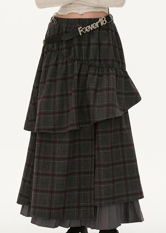 Grey Plaid False Two Pieces Patchwork Cotton Skirts Fall