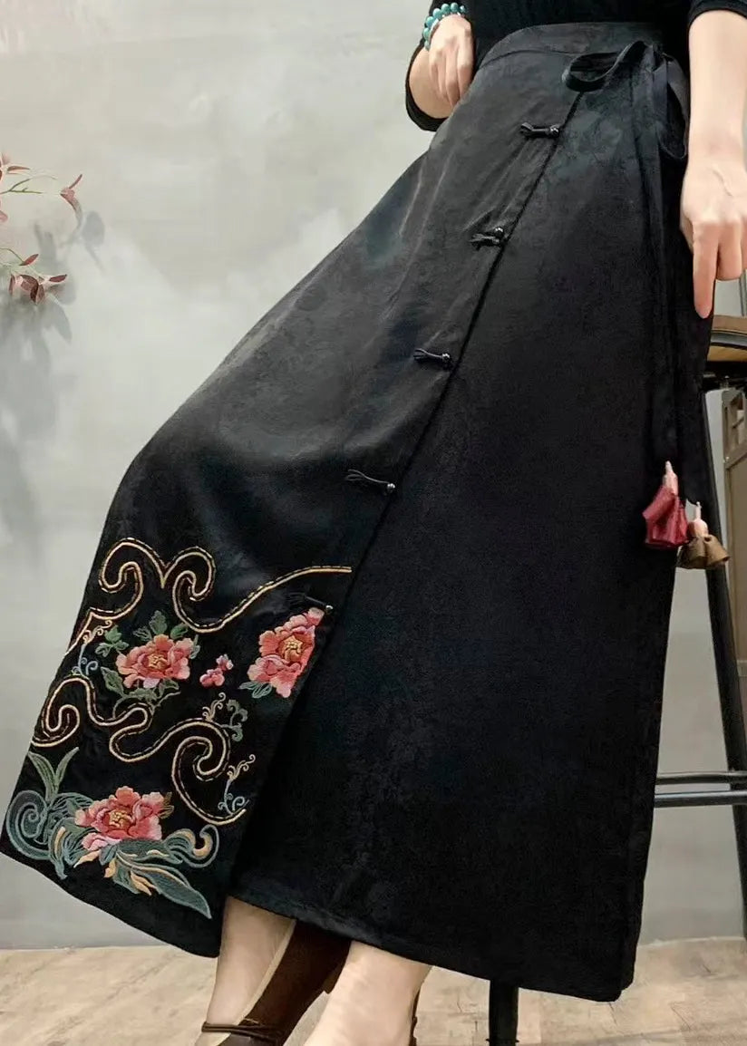 Black Pockets Silk Skirt Embroidered Oriental Button Fall