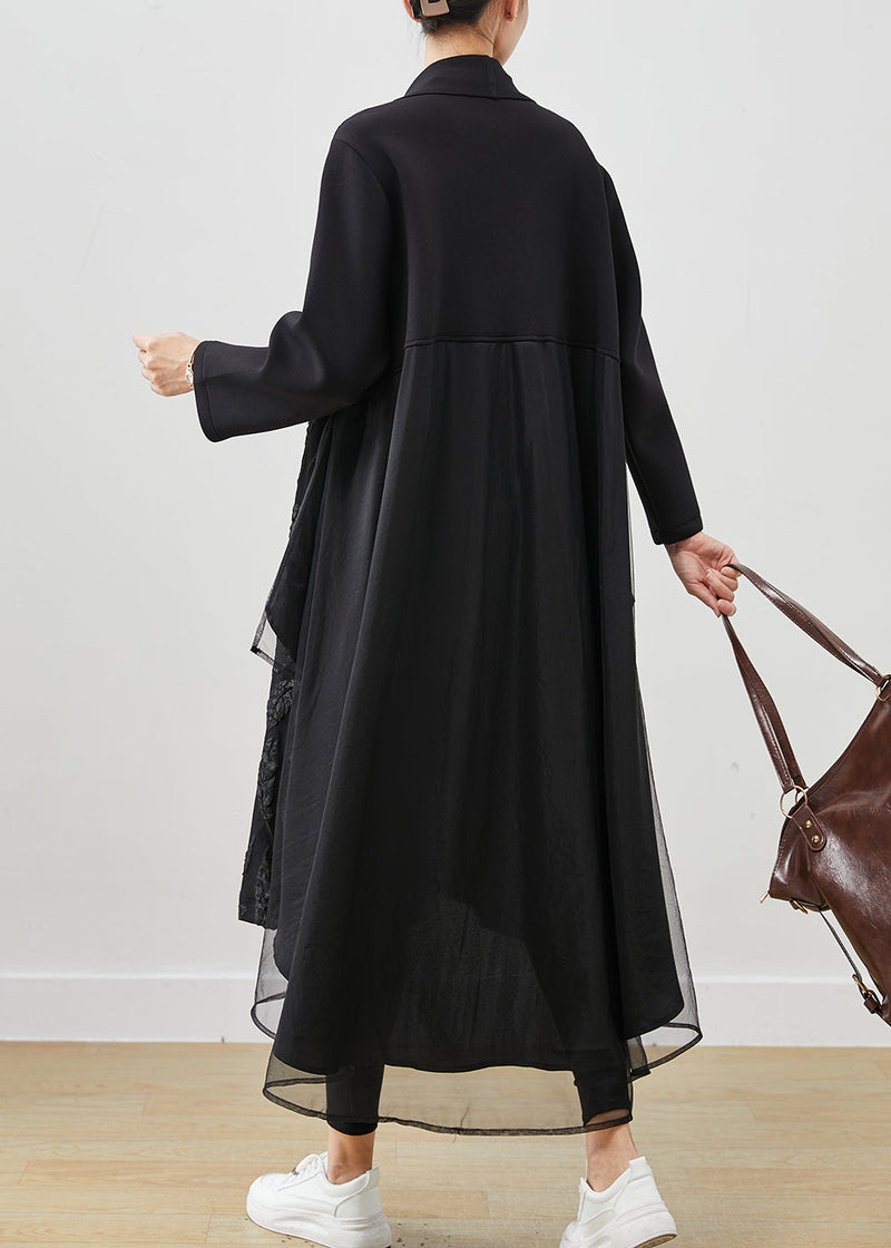 Black Oversized Patchwork Jacquard Cotton Trench Coats Spring