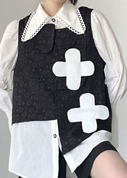 Black Print Asymmetrical Design Fall Vest