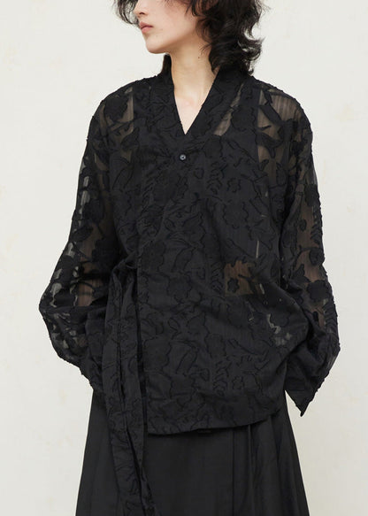 Black V Neck Tie Waist Lace Top Fall