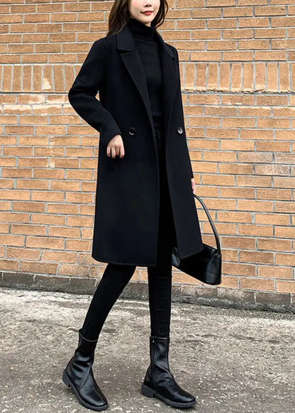 Slim Fit Black Notched Button Woolen Coats Fall