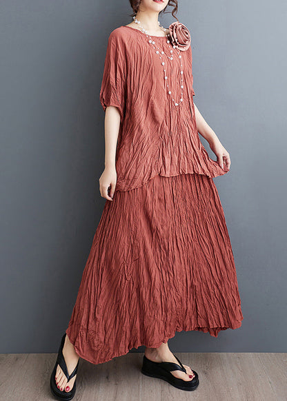Art Brick Red Decorated Wrinkled Cotton 2 Piece Outfit Summer