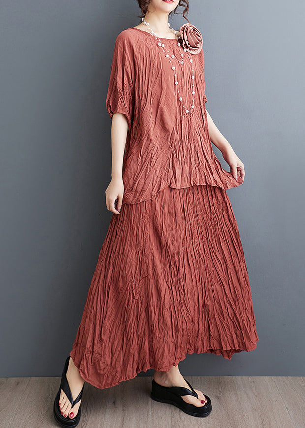 Art Brick Red Decorated Wrinkled Cotton 2 Piece Outfit Summer
