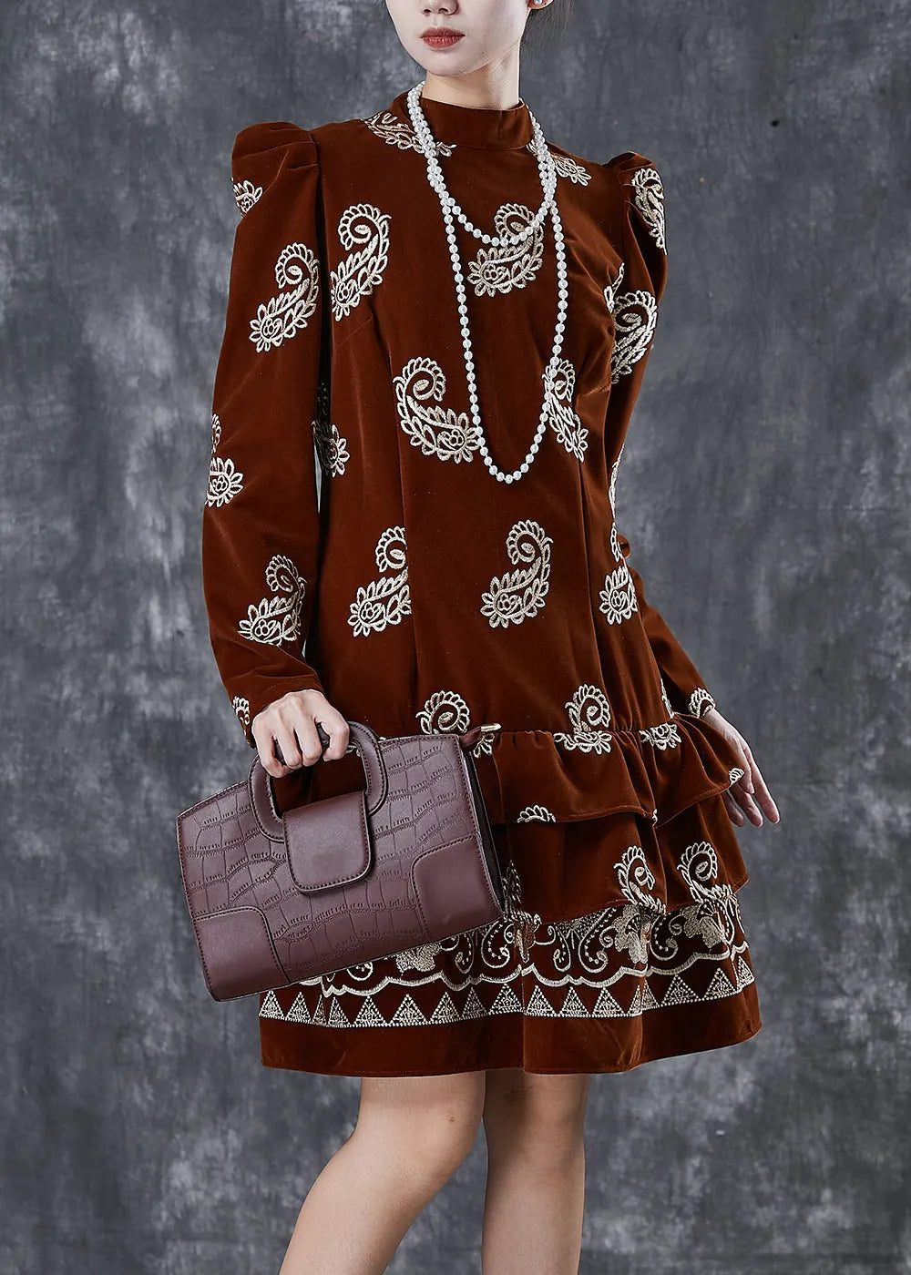 Brown Print Silk Velour Vacation Dress Ruffled Puff Sleeve Spring