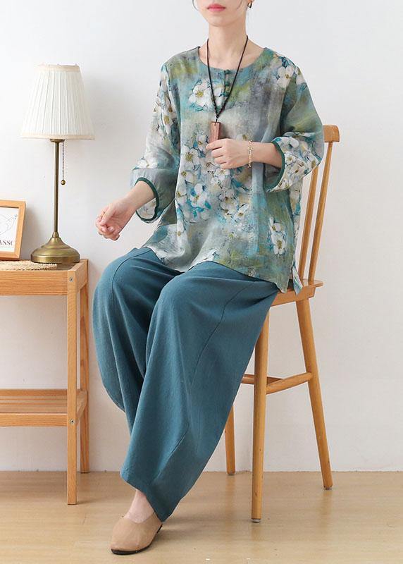 Blue Retro O-neck Fall Blouses Three Quarter Sleeve