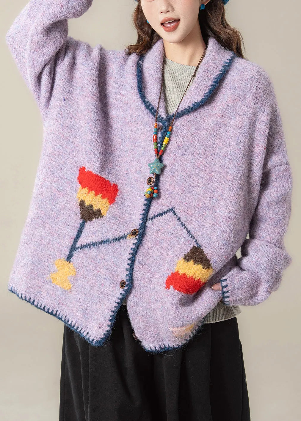 Purple Jacquard Button Knit Coats Peter Pan Collar