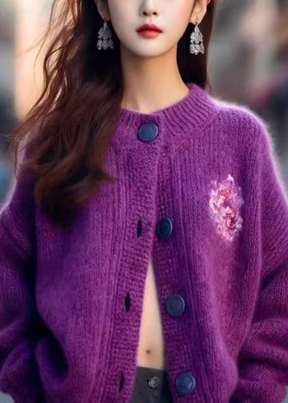 Purple O Neck Button Cozy Knit Cardigan Winter
