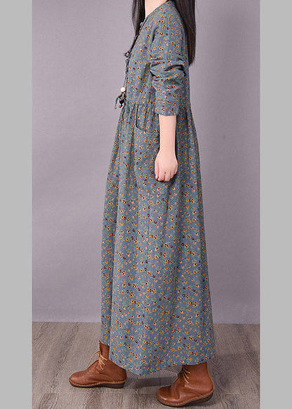 Art O-neck Print Button Wrinkled Tie Waist Dresses Long Sleeve