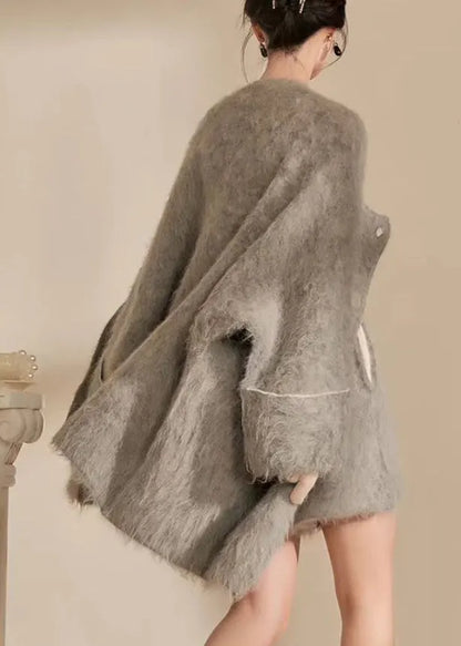 Grey O-neck Woolen Coats and Shorts Two Pieces Set Fall